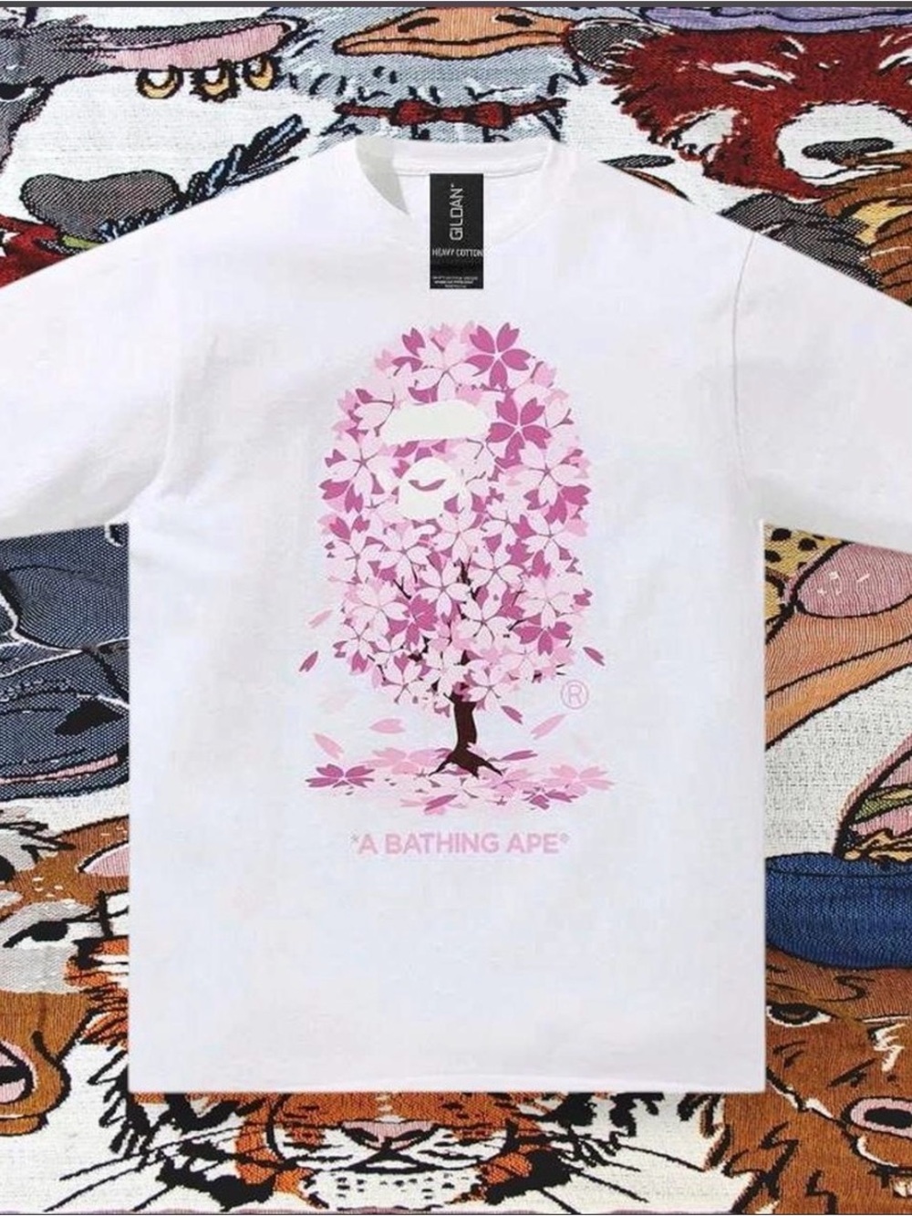 Bape White Tee with Pink Cherry Blossom Ape Graphic